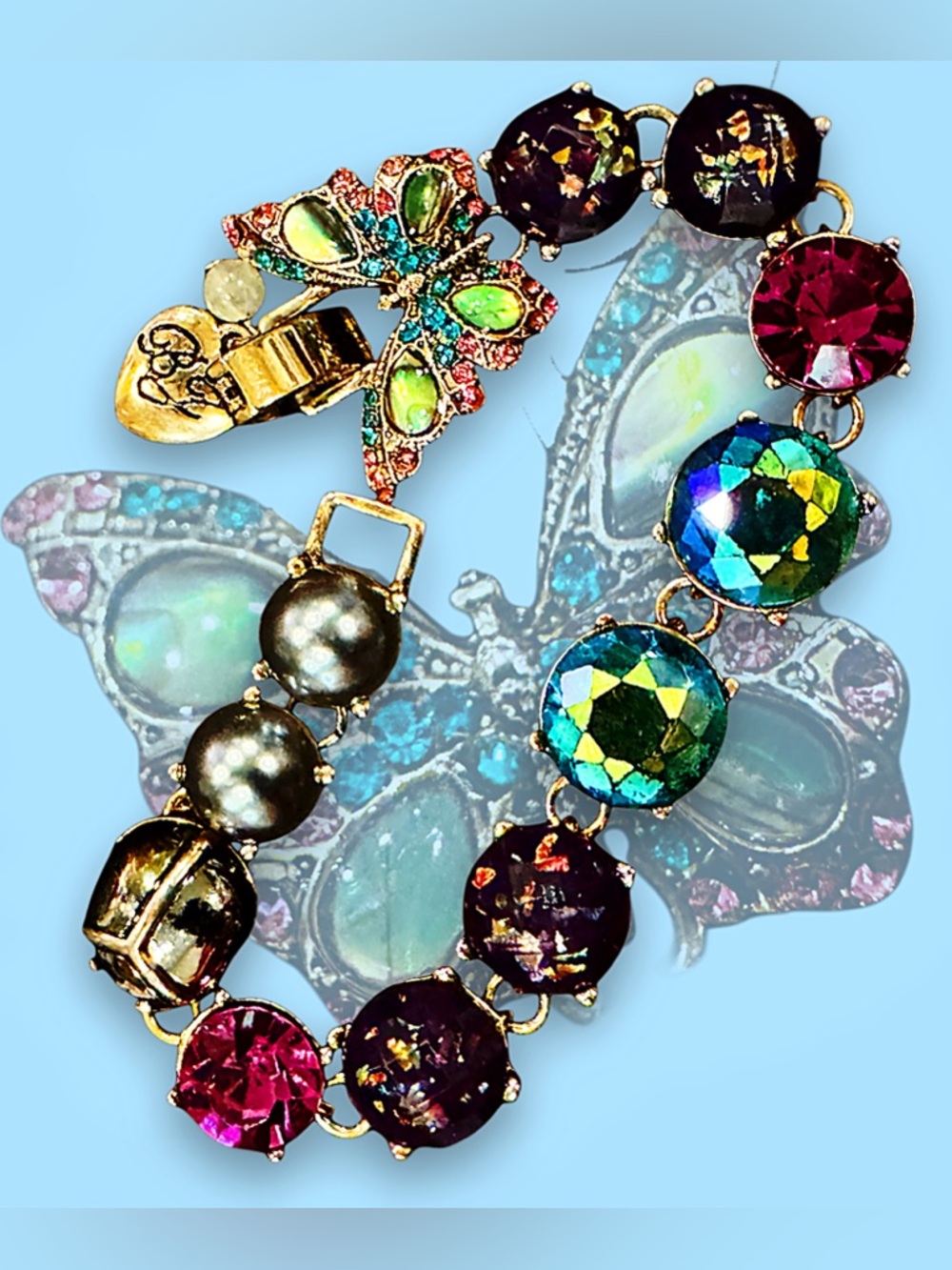 Rare Signed Betsey Johnson Limited Edition Butterfly Ladybug Crystal Bracelet